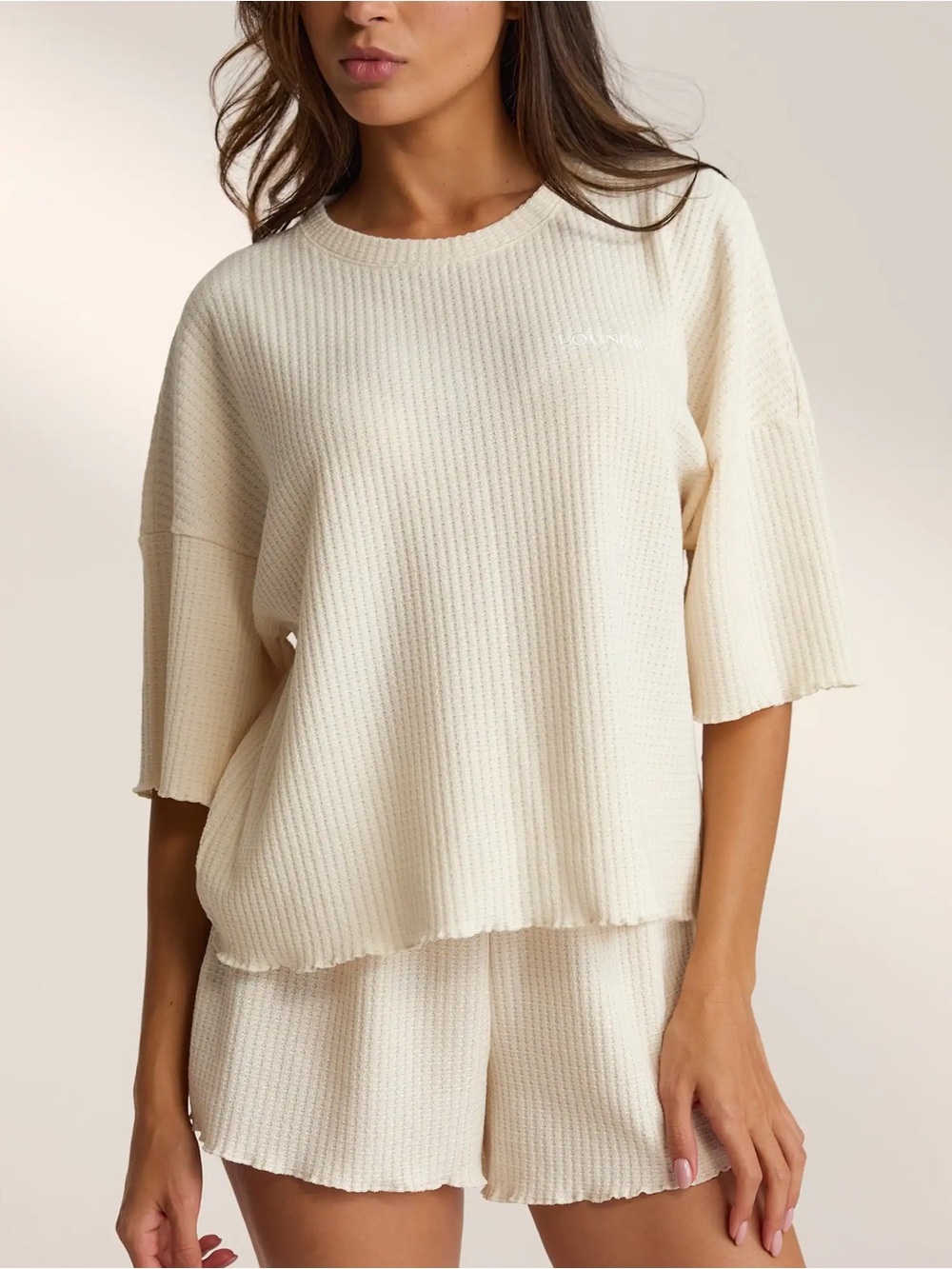 Cream Waffle Knit Relaxed Short Sleeve Top - Unbranded